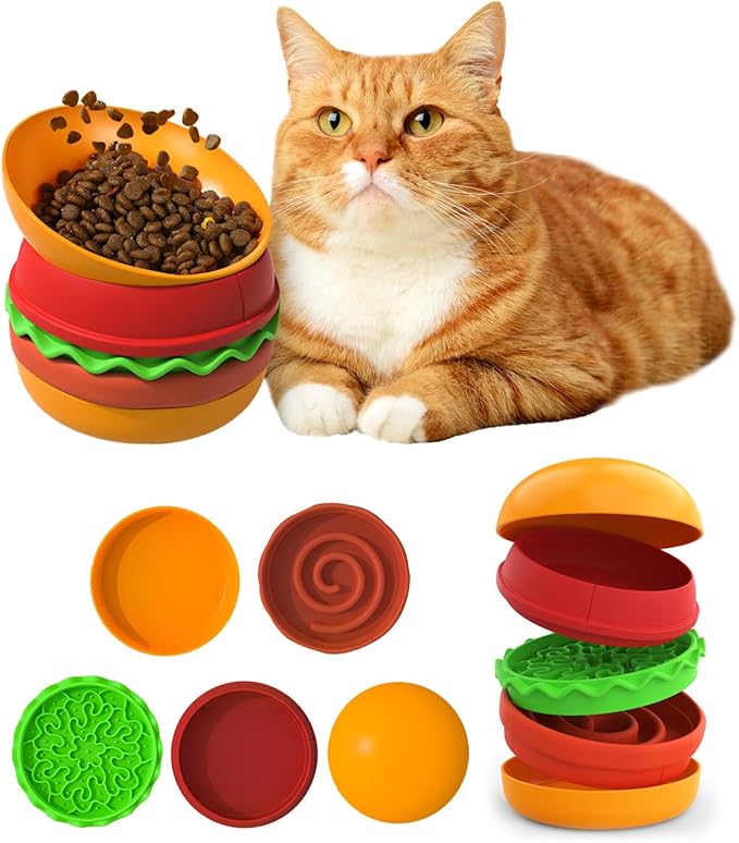 5-in-1 Multifunctional Pet Bowl Hamburger Set, Dry & Wet Food Separation Cat Dog Feeder, Slow Feed Licking Mat Water Bowl, Safe Silicone A5 Melamine, Anti-Slip Portable for Cats Dogs