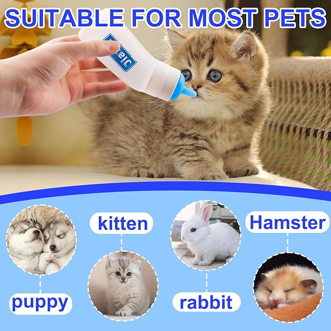 3 Pack Kitten Silicone Nursing Bottle,Silicone Feeding Nipple, Reusable Newborn Kitten Supplies, Suitable for Feeding, Puppy, Rabbit, Hamster (Blue, Large)