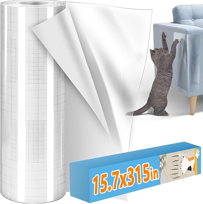 Anti Cat Scratch Furniture Protector, 315" x 15.7" Single Side Sticky Cat Couch Protector for Cloth Fabric Sofas, Large Roll Transparent & Cuttable Cats Scratch Deterrent Tape