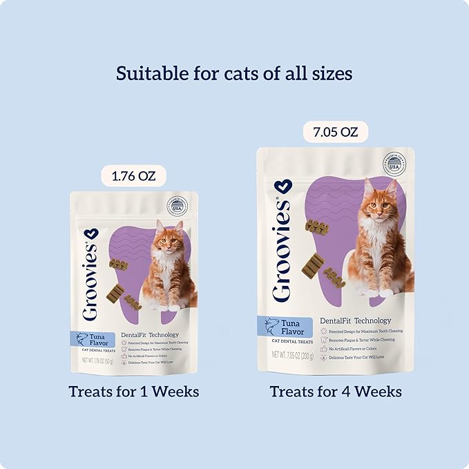 Groovies Cat Daily Dental Treats. Tasty, Crunchy Bites Cats Love. Powered by USA-Patented DentalFit Tech. No Gluten or Artificial Flavors or Colors. 1.76oz Each bag - (2 pack) of (1)Chicken & (1)Tuna