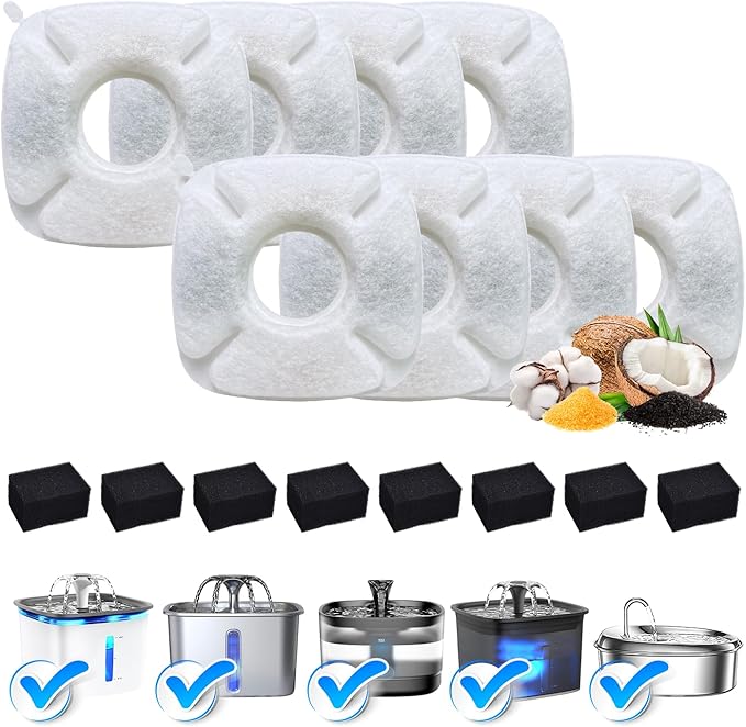 8Pcs Cat Fountain Replacement Filters,8Pack Cat Water Fountain Replacement Filters with 8Pack Pre-Filter Sponges, Pet Fountain Filter Fit for 95oz/2.8L Automatic Pet Fountain Cat Water Fountain