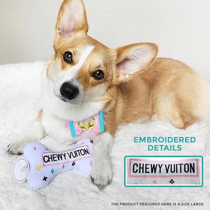 Haute Diggity Dog White Chewy Vuiton Bone, Plush Designer Dog Toys with Interactive Squeaker, Stimulating Pet Enrichment, Machine-Washable & Safe Materials for All Breeds, Size XL