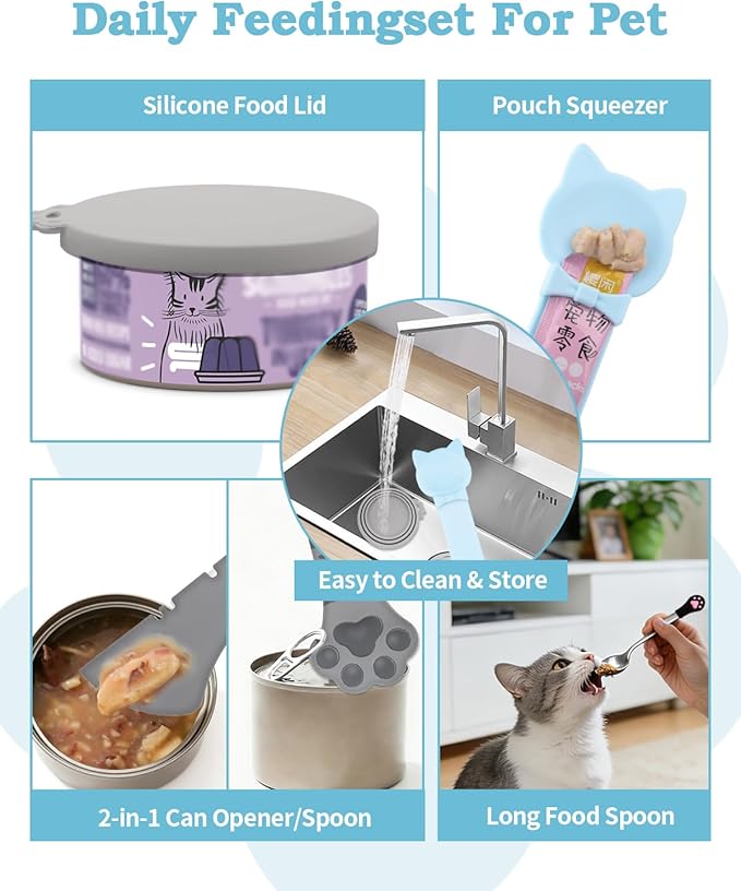 6 PCS Cat Food Can Covers Set, Reusable Silicone Can Lids with Opener, Stainless Steel Wet Food Spoon & Cat Treat Squeezer for Pet Feeding and Storage, Fits Cats & Dogs (Blue)
