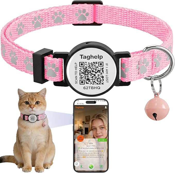 Cat Collar Breakaway with QR Code Name Tag, Reflective Kitten Collars with Bell, Cat ID Tag Personalized, Ultra-Durable, Adjustable, Quick Release, Fits Most Girl Boy Small Large Cats (Pink)
