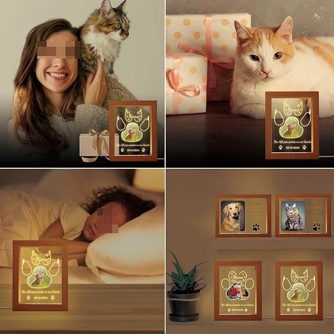 Personalized Cat Memorial Gift Night Light Customized Light Up Picture Frame Acrylic Led Plaque Lamp Pet Sympathy Remembrance Gift(Cat)