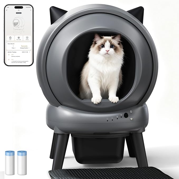 Self Cleaning Litter Box, E2 Cat Litter Box Automatic Cleaning, Robot Litter Box with 2 Rolls Waste Bag and Litter Mat, Black