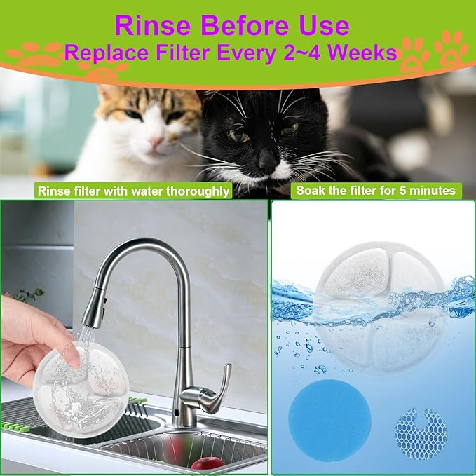 Cat Water Fountain Filter,Cat Fountain Filters Replacement for Round 2L/67oz Stainless Steel Pet Water Fountain,5 Pack Pet Fountain Filter Replacement