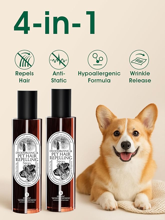 4-in-1 Pet Hair Repellent Spray, Pet Hair Dissolver & Odor Neutralize, Plant Based Enzymes, Safe for Pets, Clothes & Furniture, Refresh Pine Nut Scent, 13.52 fl oz, 2 Full Size Pack