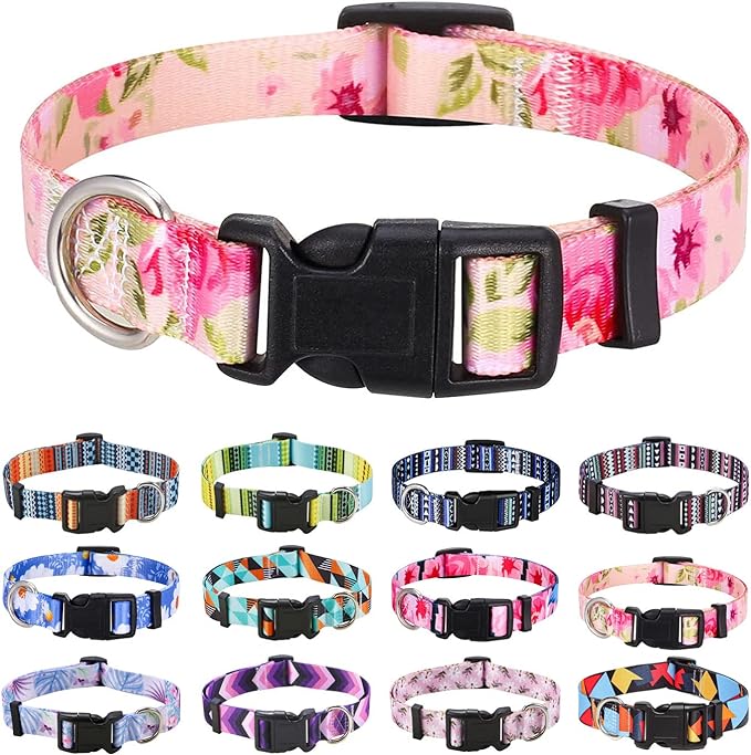Dog Collar with Bohemia Floral Tribal Geometric Patterns - Soft Ethnic Style Collar Adjustable for Small Medium Large Dogs（Pink Rose,L）