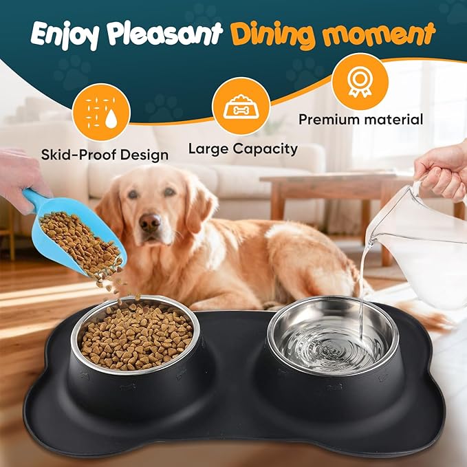 Bonve Pet Double Dog Food Bowls Stainless Steel & Water Dish with No-Spill and Non-Slip Silicone Mat, Removable Puppy Feeder Bowls for Small Medium Size Cat Dogs Kitten,14oz