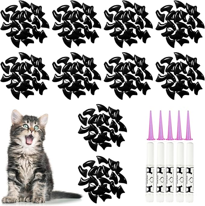 100 pcs Cat Nail Caps | Cat Claw Covers with Adhesives and Applicators | Black (M)