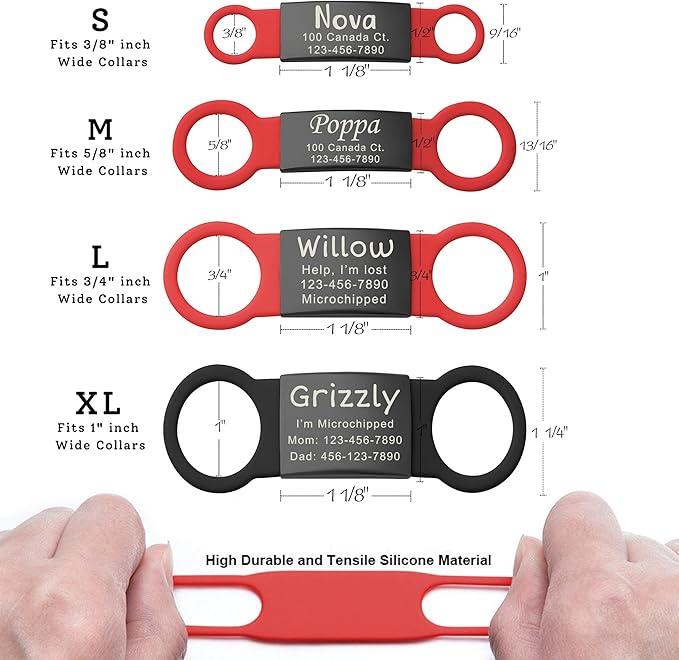 Anavia Slide On Silent Pet ID Tags, S/M/L/XL Personalized Black Stainless Steel Colored Silicone Cat Dog Name Tag, Customized Engraved Nameplate, Quiet Chew-Proof Pet Collar Tag (Red, Small)