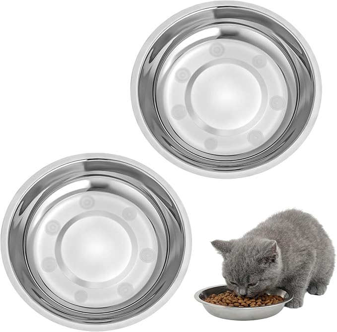 2Pcs Stainless Steel Cat Bowls, Whisker Friendly Metal Pet Food Dishes, Shallow Wide Cat Food Dishes, Flat Cat Food Bowls, Replacement Basic Bowls for Water and Dry Food for Cats Kittens Small Dogs