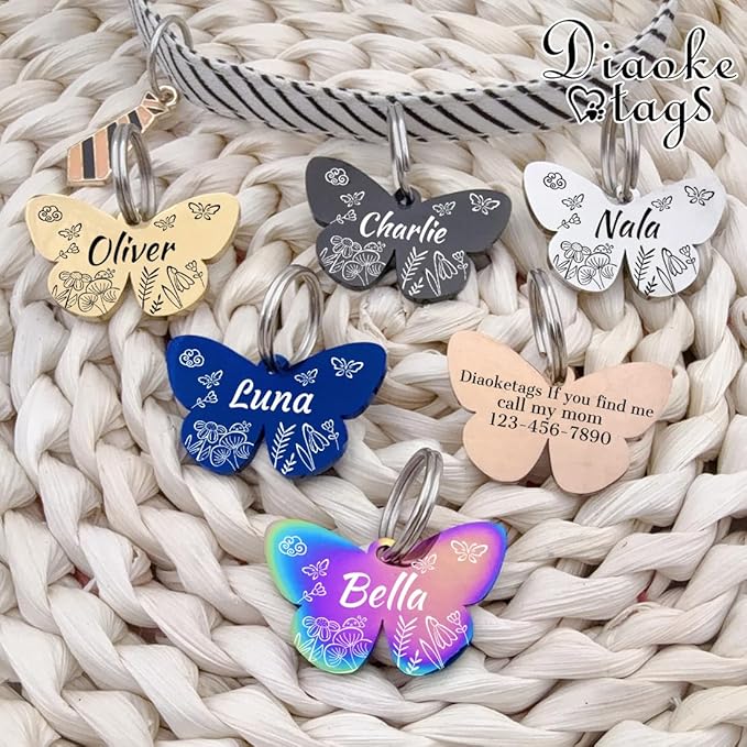 Personalized Dog Tags and Cat Tags, Stainless Steel Pet ID Tags, Collar Charm Engraved on Both Sides, up to 4 Lines of Custom Text, Various Patterns and Colors Options (Butterfly)