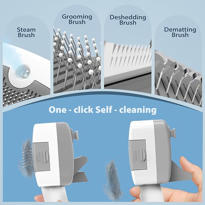 Pet Steam Brush for Dogs & Cats | Self-Cleaning Dog Steam Brush with 3 Brushes & Spray Function | Cat Steam Brush for Shedding, Dematting & Grooming | Includes Pet Essence