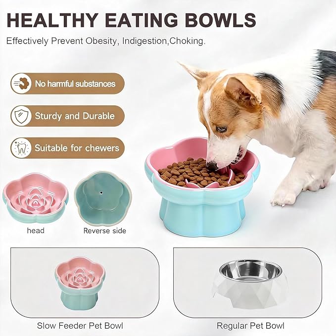 Cat Slow Feeder Flower-Shaped Ceramic Slow Feeder Cat Bowl, Tilted Raised Cat Slow Feeder Bowl for Whisker Relief, Prevents Vomiting & Bloating, Non-Slip Base, Cat Bowls for Dry and Wet Food