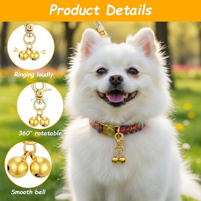 2 Pcs Gold Bell for Dog Collar, Anti Lost Dog Bells, Hanging Ring Cat Bell Charms for Collar, Jingle Bells for Dogs and Cats, Pet Pendant Accessories for Gift