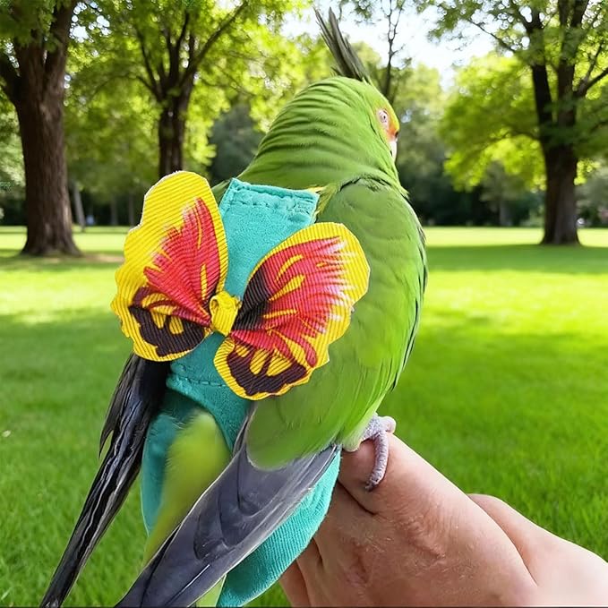 Escape-Proof Parrot Harness & Leash Set with Diaper - Adjustable Flight Suit with Bow & Safety Cord for Conures, African Grey, Parakeets, Doves (Yellow-L)