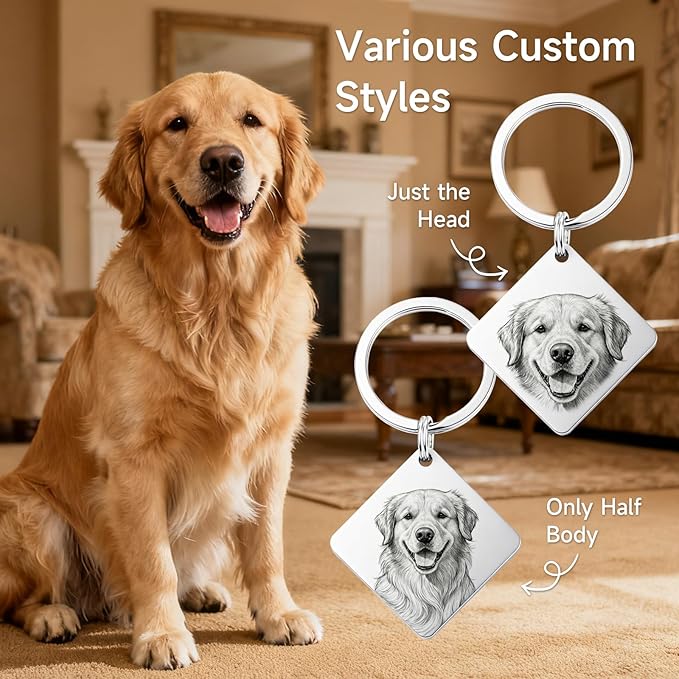 Custom Dog or Cat Portrait Keychain, Personalized Photo Engraved Keychains with Name, Customized Pet Memorial Gifts for Loss of Pets (Diamond Shape)