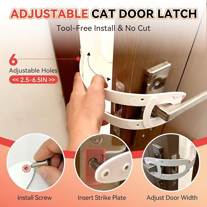 Cat Door Latch, Door Prop for Cats to Keep Dogs Out of Litter Box and Food, Preventing Hand Pinching, Cat Door Stopper with 6 Adjustable Straps 2.5-6.5" Wide, Including Door Plate, White, 1Pc