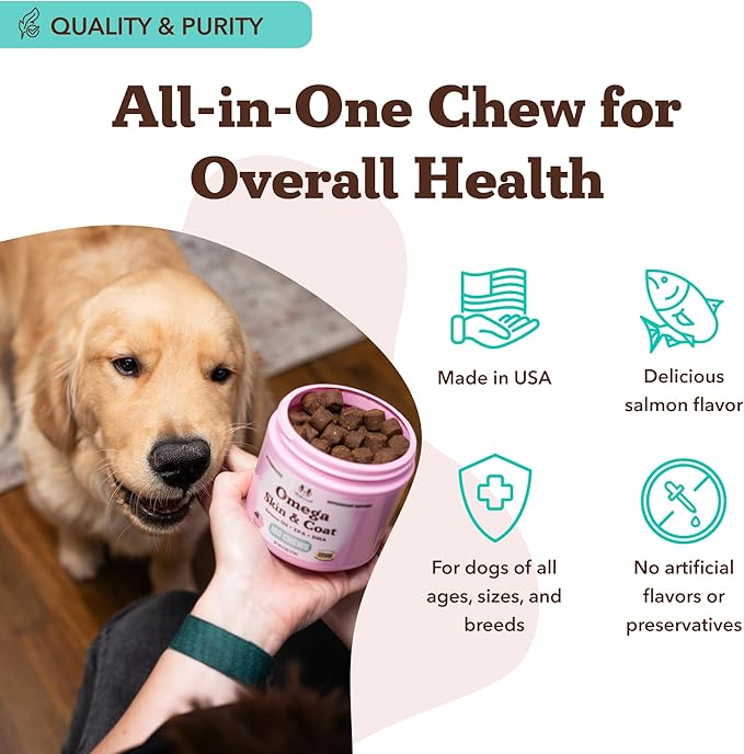 Natural Dog Company Omega Chews for Dogs Skin & Coat Support with Salmon Oil & Omega-3 Fatty Acids, Helps Itchy Skin, Dryness, Shedding, Supports Joints, Heart,Immune System & Overall Health (180 cnt)