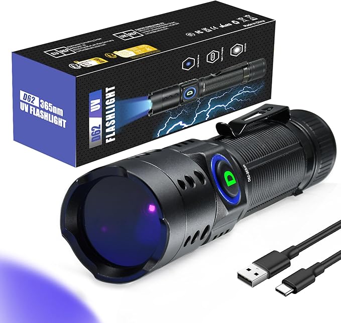 DARKDAWN UV Flashlight 365nm Blacklight ，Mini USB-C Rechargeable LED with Black Mirror, Woods Lamp Powerful Fluorescent Portable Detector for Pet Urine Stains, Anti-counterfeiting Identification