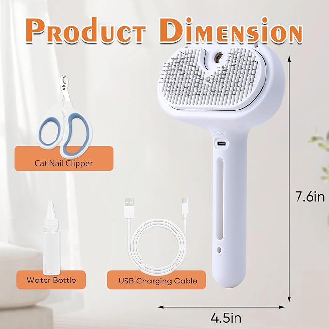 NATUYA Cat Steam Brush, Self-Cleaning Pet Brush for Dog and Cats Shedding Massaging Grooming, Cool Mist Only, Come With Cat Nail Clipper (White)