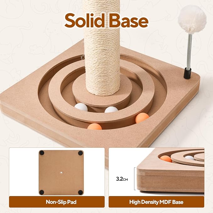 25 Inches Cat Scratching Post with Interactive Toys, Sisal Cat Scratch Post with Sturdy Ball Track Base for Indoor Cats and Kittens