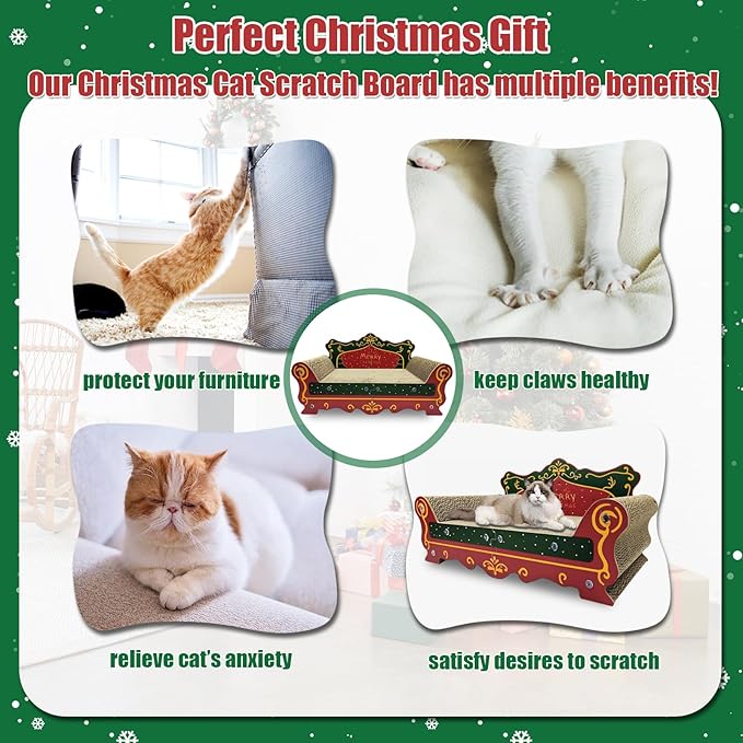 Luxury Cardboard Cat Scratcher Sofa Bed, Couch Shaped Scratching Board, Scratch Lounge with Catnip, Scratcher for Indoor Cats Large (Christmas Tree Pattern)