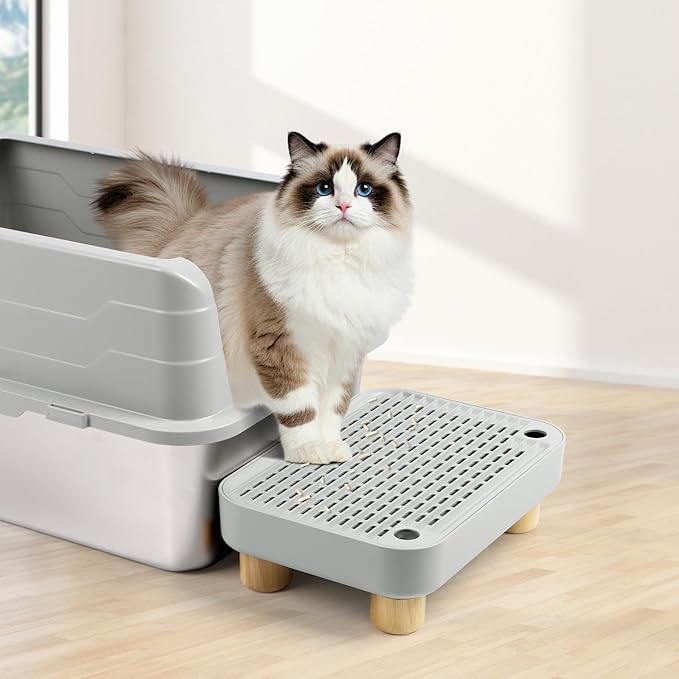 Cat Litter Box Step Ramp, Cat Litter Catcher Mat with Wooden Feet, Filter Function, Pedal Stool for Self-Cleaning Litter Box, Ideal for Kitten & Elderly Cats(Light Grey)