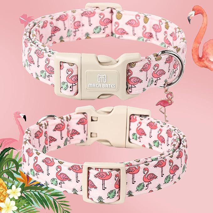 Maca Bates Cute Pink Flamingo Dog Collar Summer Puppy Collars for Extra Small Girl Boy Dogs,Spring and Summer Styles,Durable,Soft,Thick,Adjustable for Female Male Pet with White Safety Buckle