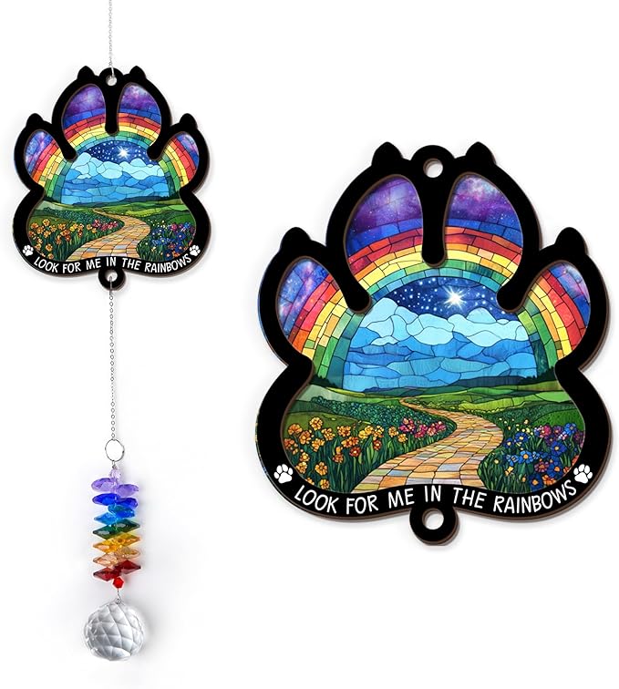 2 Layered Ornament Suncatcher - Mother's Day Father's Day Christmas Birthday Gifts for Pet Lover - Rainbow Bridge Suncatcher - Sympathy Ornament - Pets Remembrance - Paw Gift for Loss of Pet