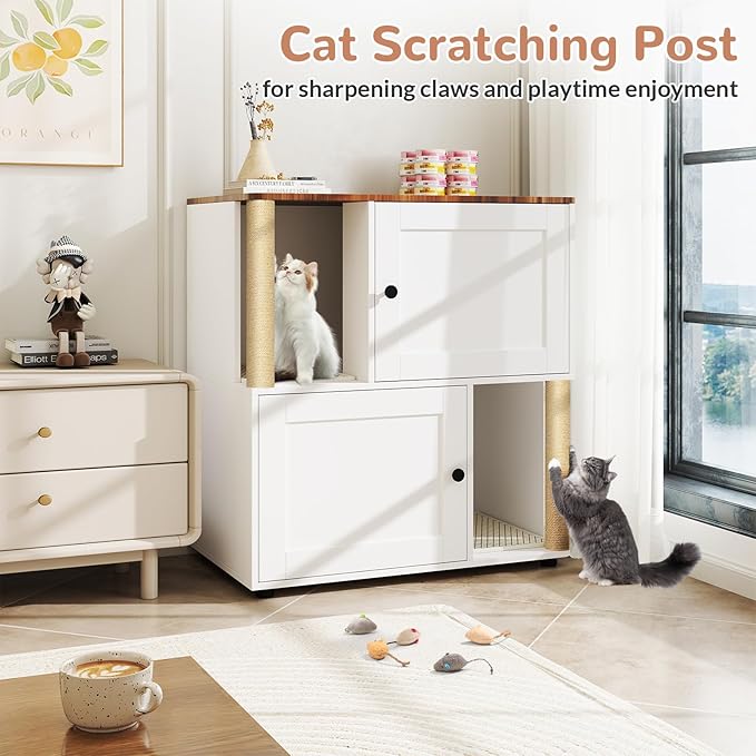 Double Cat Litter Box Enclosure, Double Layer Cat Litter Cabinet with Scratching Post and Litter Mat, Litter Box Enclosure for 2 Litter Boxes, Fit Most of Litter Boxes