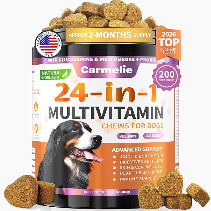 Carmelie Dog Vitamins, 24 in 1 Dog Vitamins and Supplements 200 Chews with Glucosamine Probiotics Omega-3 Dog Multivitamins Chewable for Hip & Joint, Skin & Coat, Immune Health, Digestive (Chicken)