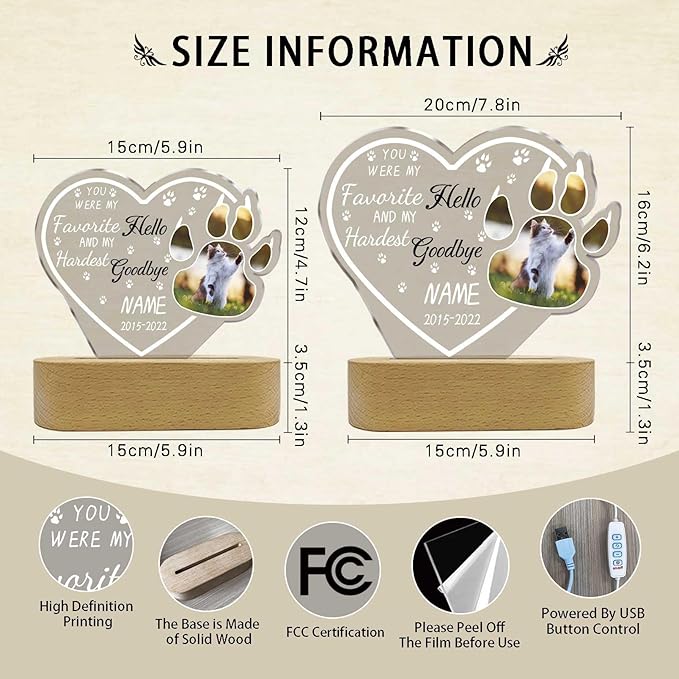 Personalized Pet Night Light Customized Dog Memorial Gift Picture Frame Acrylic Plaque Led Lamp Cat Sympathy Gift for Loss of Pet(Cat Paw Heart)