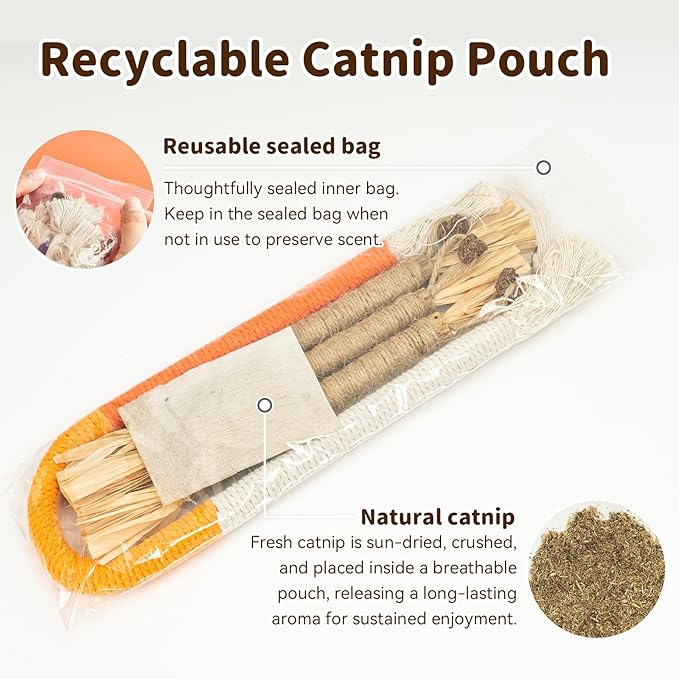 Toys for Indoor Cats Silvervine Sticks 3Pcs with Gall Fruit, Cat Chew Ropes 1Pcs, Interactive Catnip Toy for Kittens Dental Care Teeth Cleaning Orange