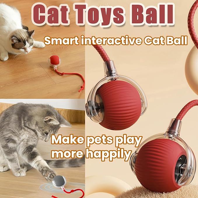 Interactive Rolling Cat Ball, 2025 Upgraded Automatic Cat Ball Dog Toy, Interactive Cat Toy Ball, Automatic Cat Toy Self Moving Cat Toy Interactive Cat Ball for Bored Indoor Cats Dogs (Red)