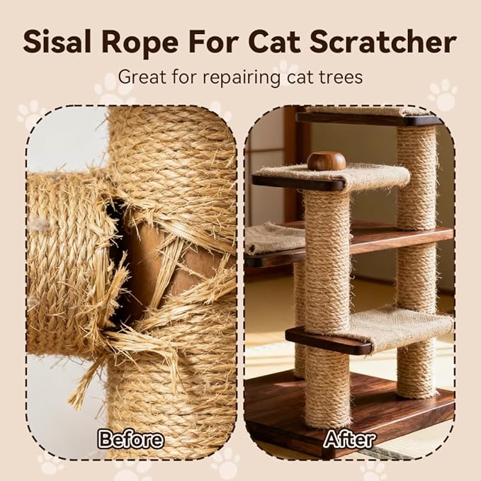 Natural Sisal Rope for Cat Scratcher Replacement, Durable Cat Tree Post Repair Cord for DIY Projects, Climbing Towers, Furniture Protection, Scratch Pad, Crafts, Garden, and Home Décor Use