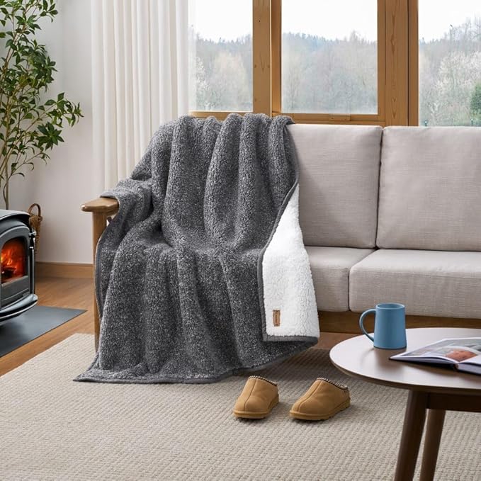 BEARPAW Sherpa Throw Blanket - Ultra Soft Plush Warm Reversible Fluffy Blanket for Bed Couch Sofa & Living Room Decor, House Decor, Room Decor Gifts for Women - 50"x70", Gray (Valley) (Gray)