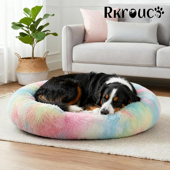 Fluffy Dog Bed Calming Donut Beds for Large Dogs Warming Round Small Medium Pet Nest Cozy Cat Mattress Indoor Washable Puppy Kennel Kittens Sleep Mat (L, 35.4×35.4 inch, Rainbow)