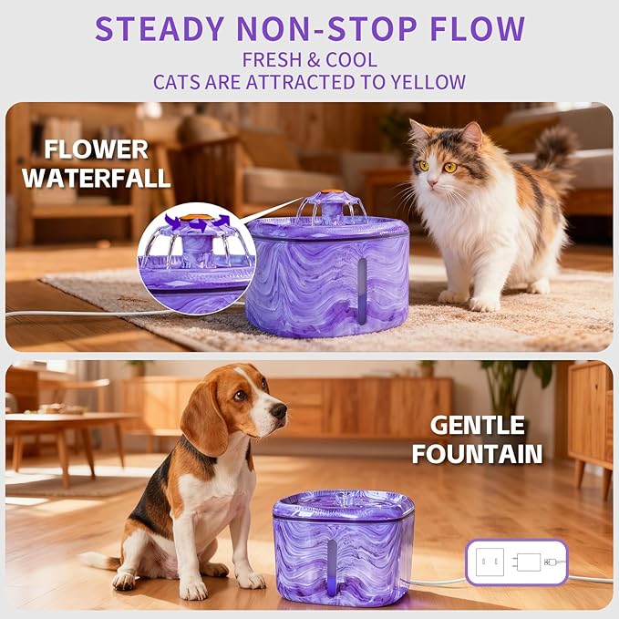Cat Water Fountain Purple: Automatic Flower Pet Water Fountain for Cats Indoor-84oz/2.5L, Cute Cat Fountain for Drinking, LED Blue Light, Upgraded Ultra Quiet Pump, Gifts for Cats, Dogs (8Filters)