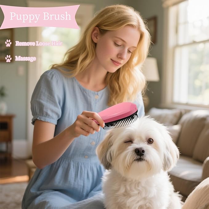 Comma-Shaped Small Dog Brush and Cleaning Comb, Fit for Yorkie, Shih Tzu, Maltese Maltipoo Pomeranian - Gentle Soft Bristles for Effortless Pet Hair Removal, Puppy Essentials (Pink)