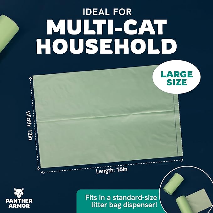 Panther Armor Litter Bags - 200x Unscented Compostable Cat Poop Bags 16x12in- Kitty Leak Proof Box Trash, Odor Proof Litter Disposal Bags