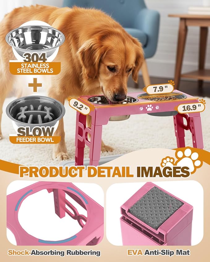 Elevated Dog Bowls for Medium Size Dogs with Mat, Non-Slip Dog Feeder with 1*Stainless Steel Dishes & 1*Slow Feeder Bowl, 5 Heights Adjustable Raised Bowls for 3.15″-8.66″-9.84″-11.02″-12.2″