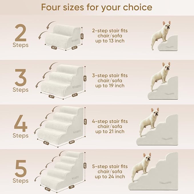 PAWSCART Dog Stairs for Small Pets, 22.8" H with 30D Material Soft Foam, Portable Ramp Non-Slip Surface Non-Slip for Couch and High Bed Climbing, 5-Step Stairs for Cat or Dog, Beige