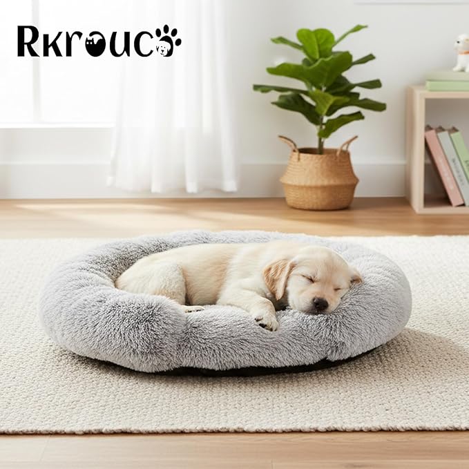 Fluffy Dog Bed Calming Donut Beds for Large Dogs Warming Round Small Medium Pet Nest Cozy Cat Mattress Indoor Washable Puppy Kennel Kittens Sleep Mat (S, 23.6×23.6 inch, Light Gray)