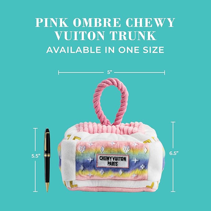Haute Diggity Dog Pink Ombre Chewy Vuiton Trunk, Plush Designer Dog Toys with Interactive Squeaker, Stimulating Pet Enrichment, Machine-Washable & Safe Materials for All Breeds