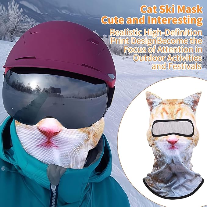 Ski Mask, 3D Cat Ski Mask Balaclava Sheisty Face Men Women, Cat Mask with Ears, Cute Full Face Shiesty Mask Animal Ski UV Sun Protection Face Mask for Outdoor Hiking Riding Ski Raves Party Yellow