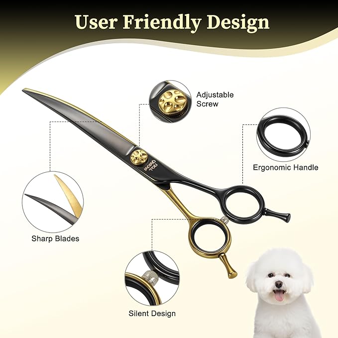 7.5'' Curved Dog Grooming Scissors CNC 440C Blades Sharp and Durable Black and Gold Dog Shears Smooth Cutting Easy to Use for Professional Groomer