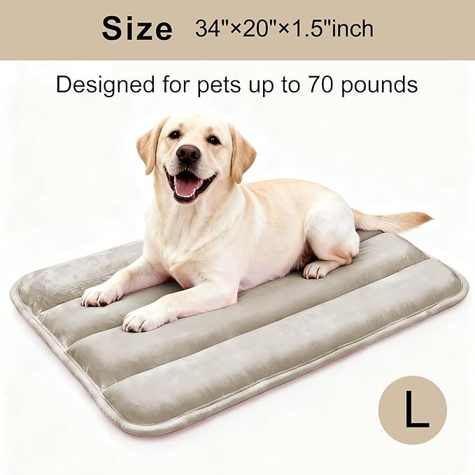 Dog Bed Mat, Reversible Dog Crate Pad with Washable Kennel Mat and Soft Foam, Flat Pet Bed for Dogs & Cats, for Crates Carriers & Travel (Light Brown, 34" L*20" W*1.5" Th)